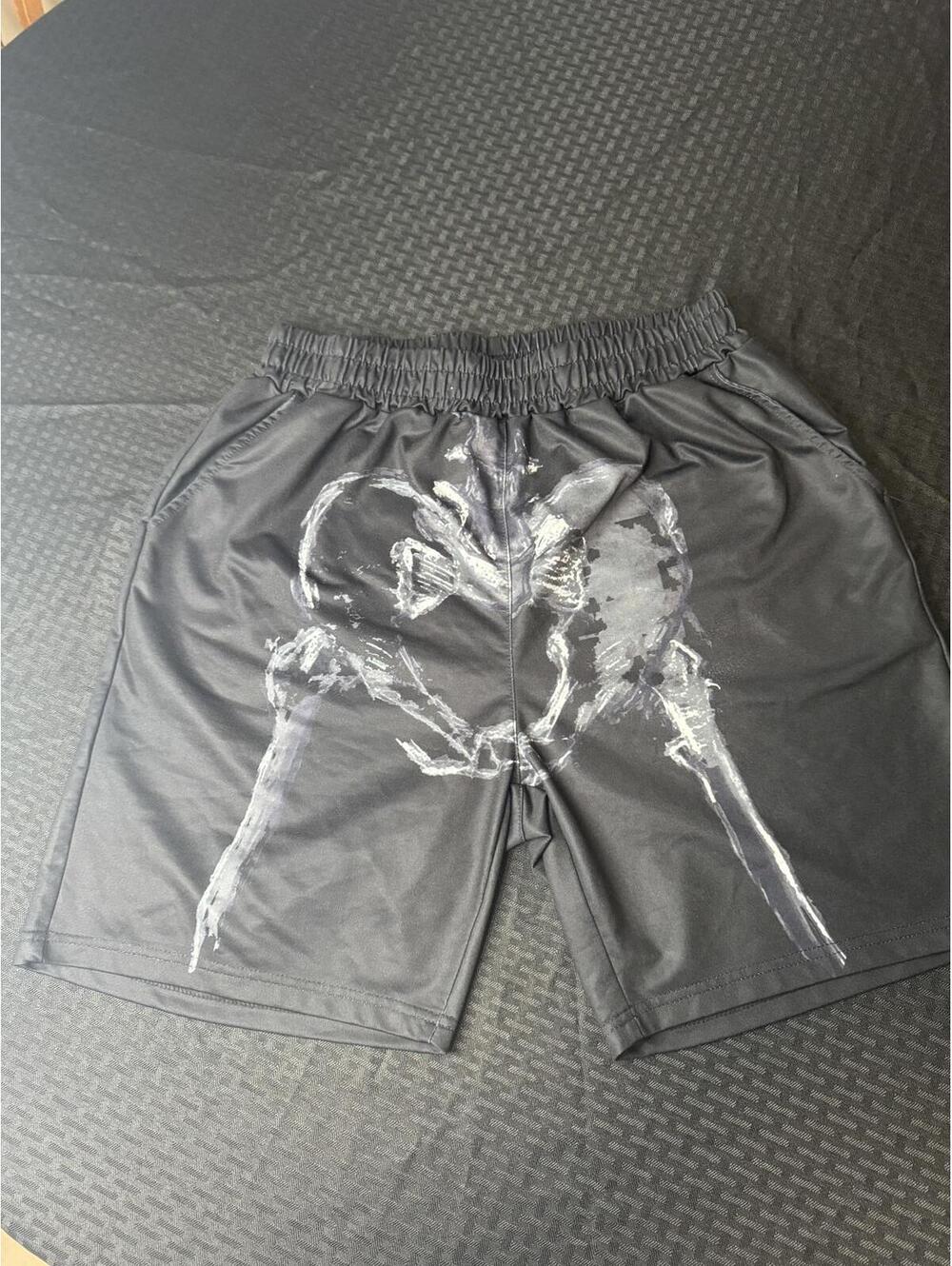 Men's Black Casual Shorts with White Graphic Print  size medium